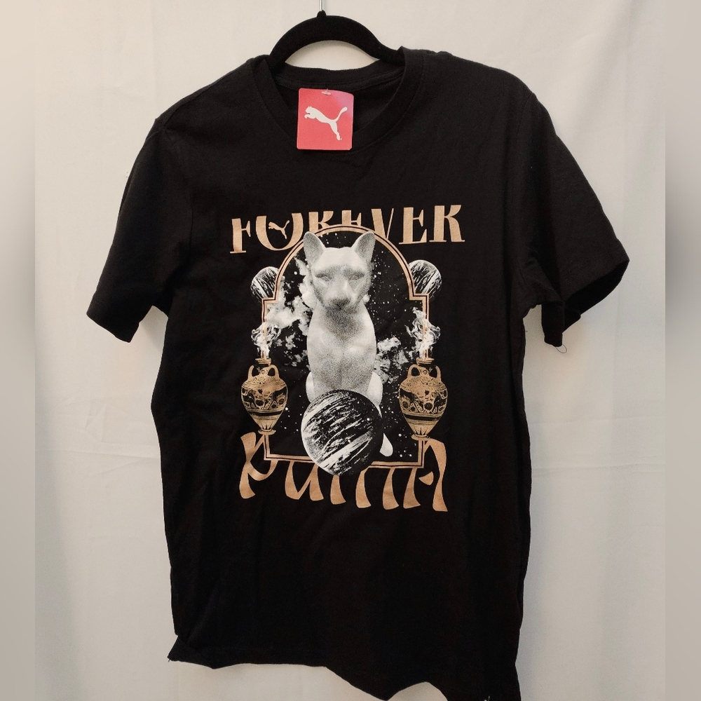 Puma House of Graphics T-Shirt Men’s Black Gold Celestial Cat Forever Puma NWT